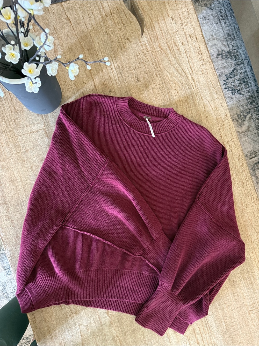 Free People Oversized Crewneck Sweater in Plum